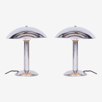 Pair Of Original Art Deco Table Lamps, Chrome-Plated Steel, Czechia, 1930s