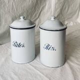 Pair of old large enameled sheet metal condiment pots