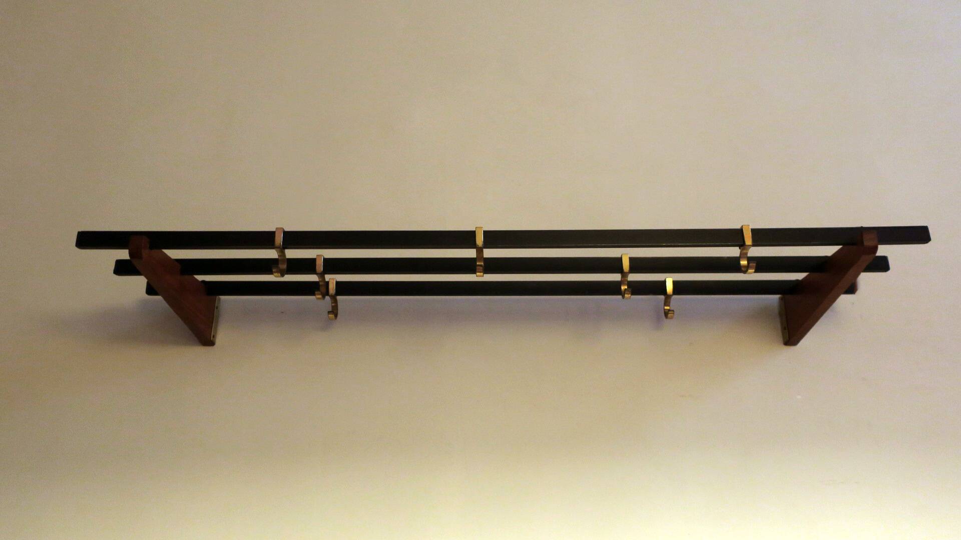 Teak, brass and black metal coat and hat rack, 1960s