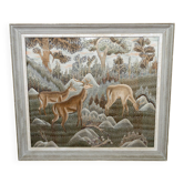 Important Indochinese silk embroidered hanging, Deer in the forest, circa 1940