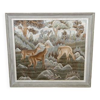 Important Indochinese silk embroidered hanging, Deer in the forest, circa 1940