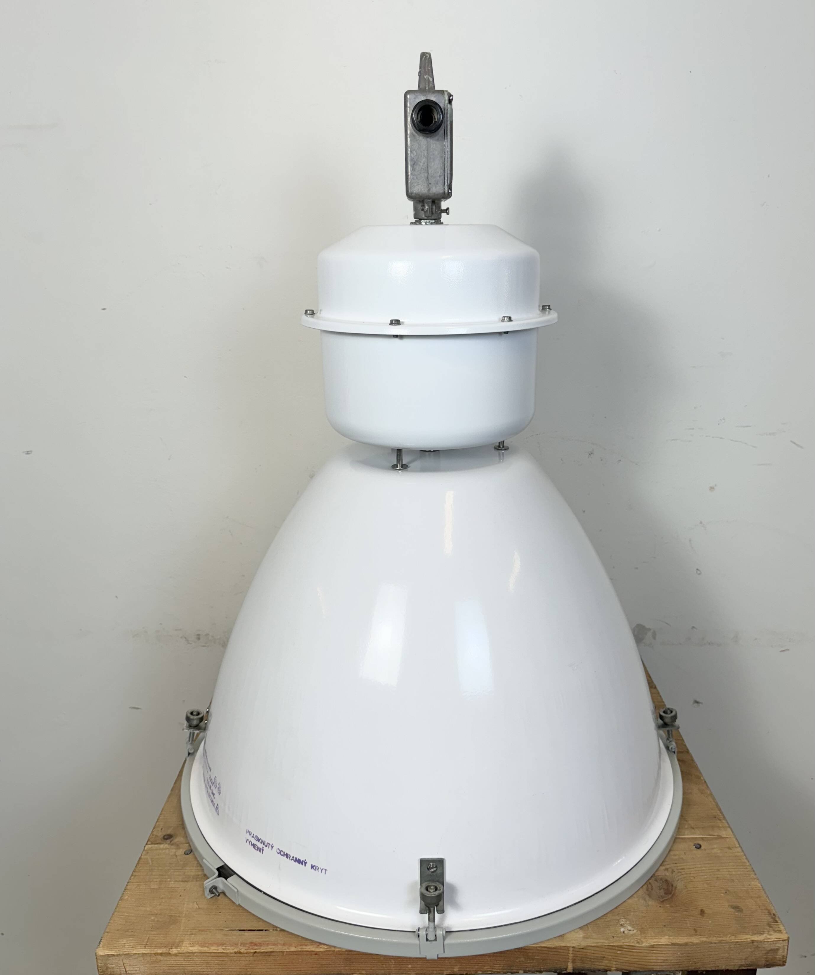 Large White Enamel Industrial Factory Lamp with Glass Cover, 1990s