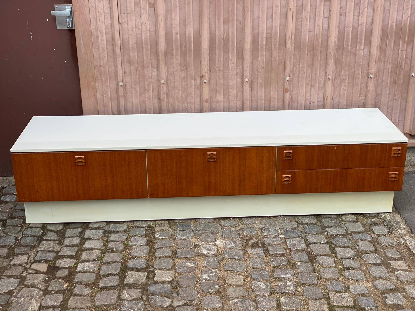 Large Scandinavian low sideboard 220x50cm solid teak & white TV unit 196