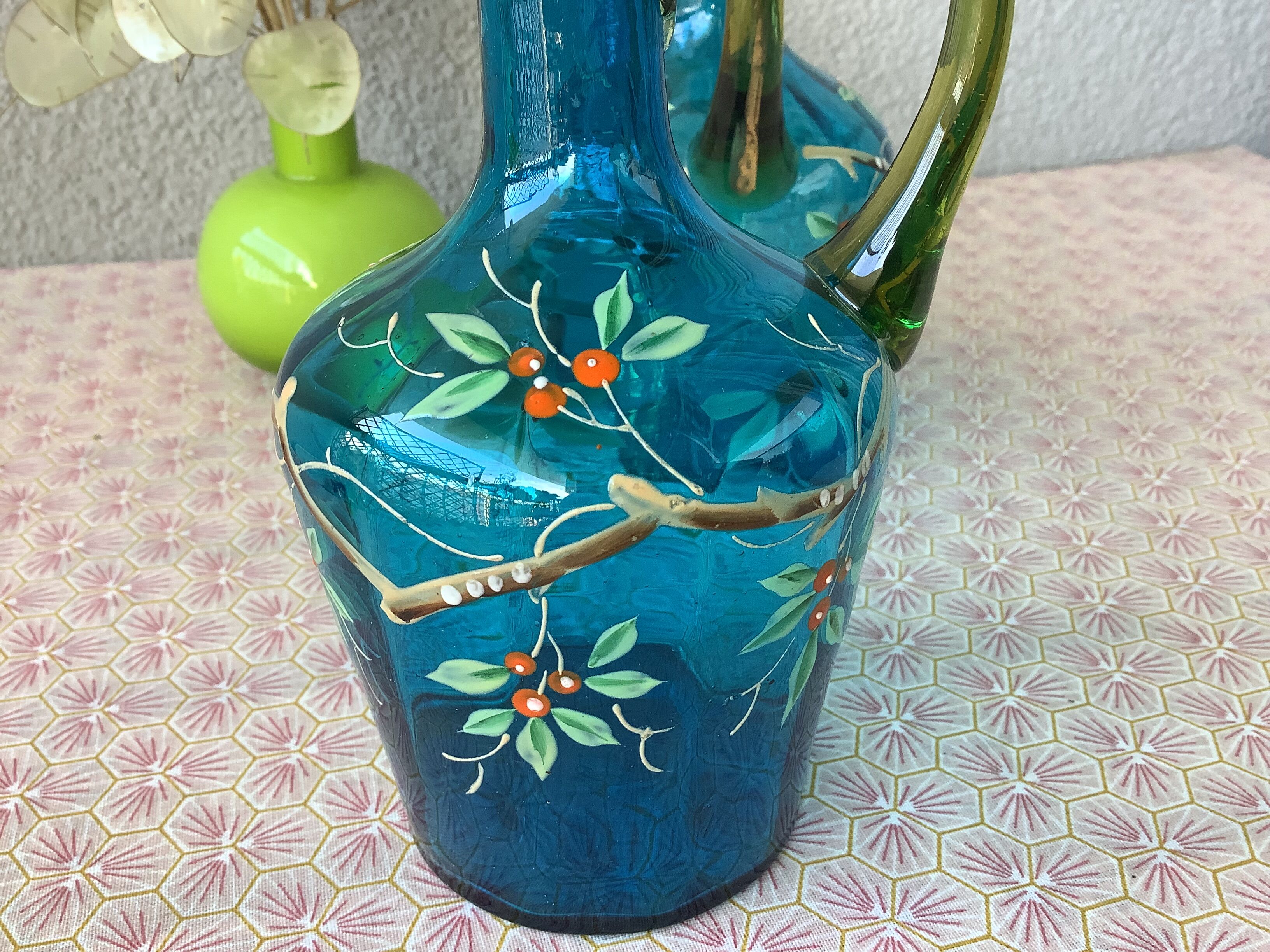 19th century enamelled blown glass liqueur decanters, called Georges Sand