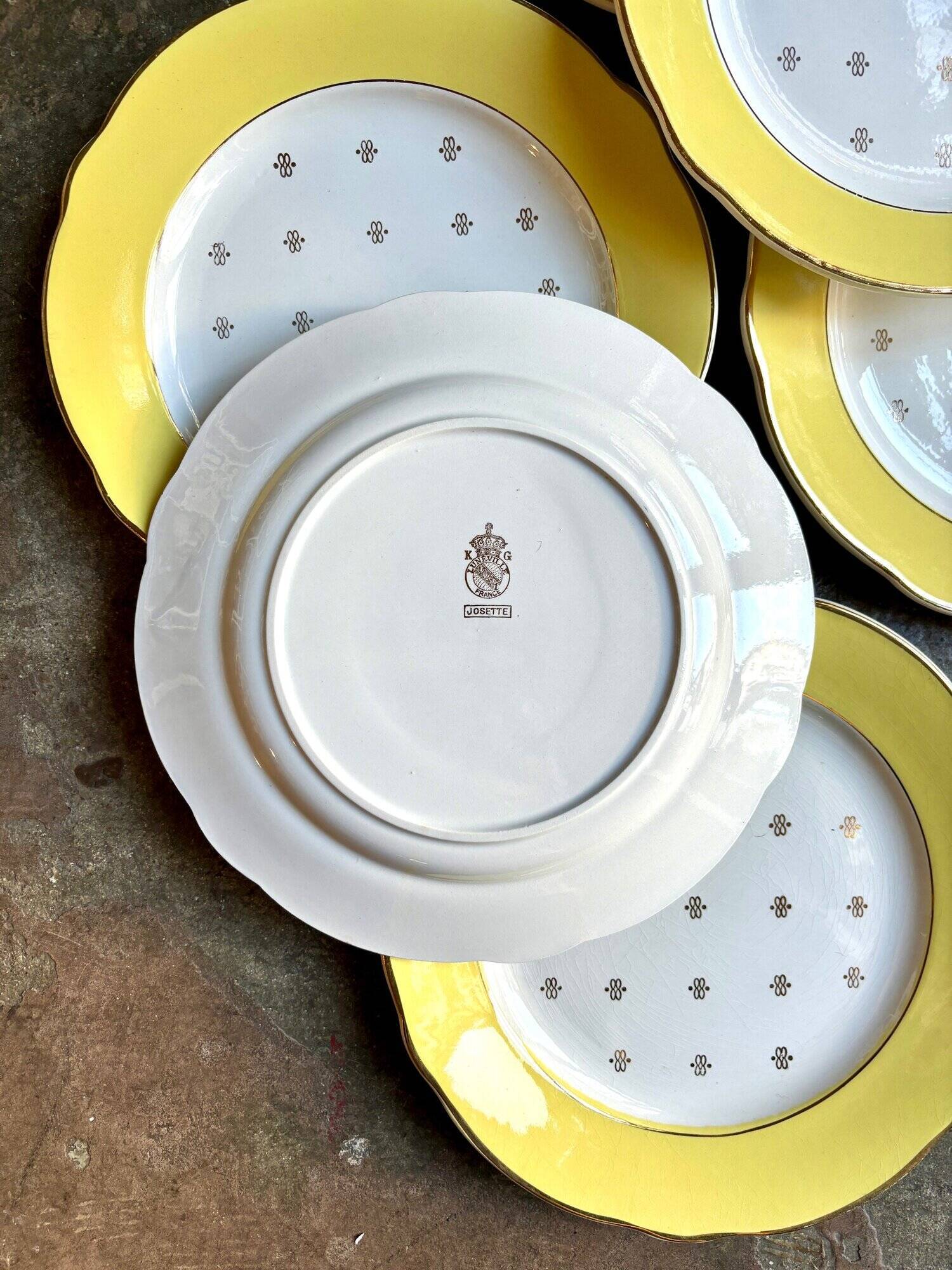 6 assiettes plates Luneville en faïence jaune et dorée, service "Josette"
