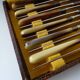 12 Art Deco cheese knives horn and stainless steel handles in case