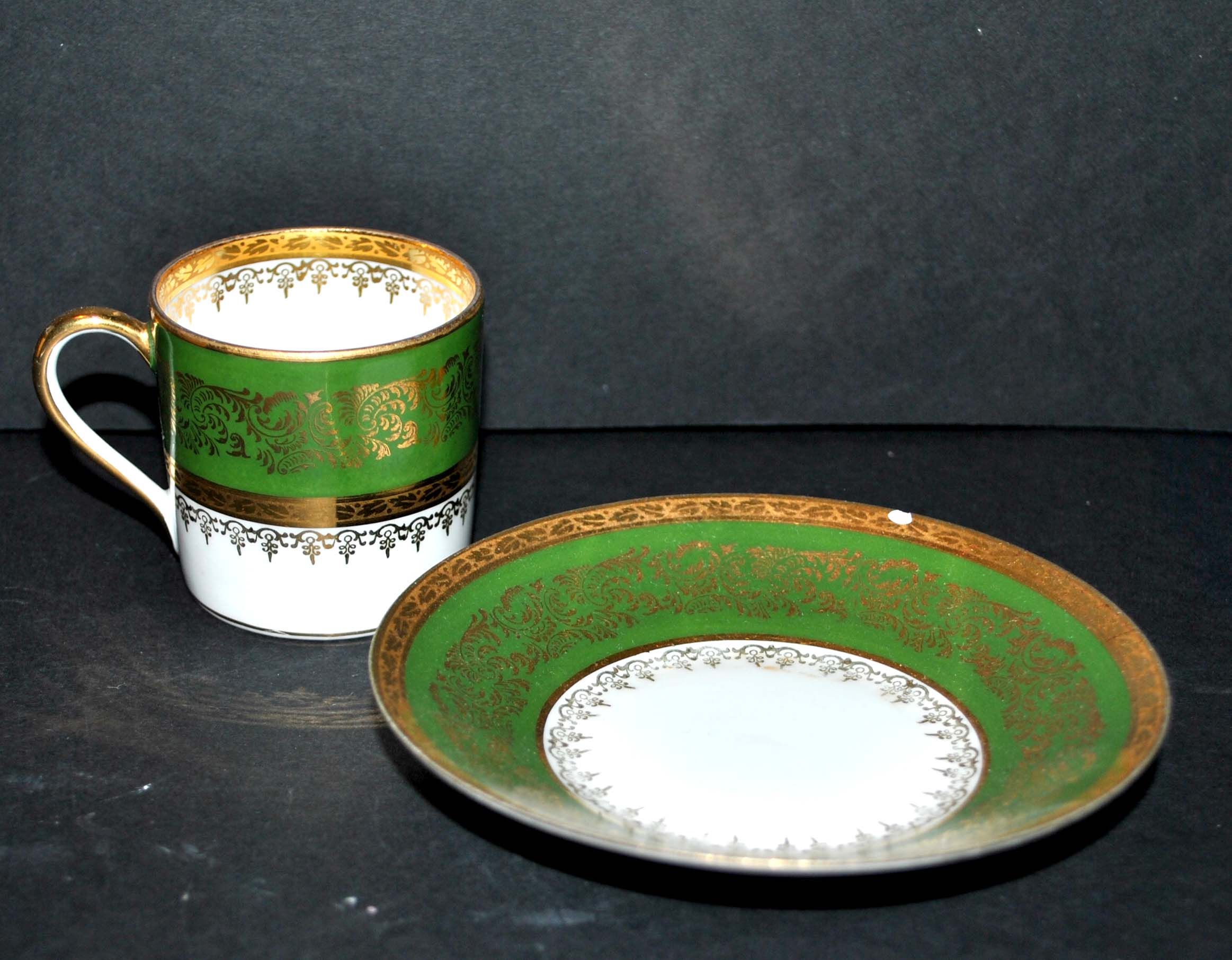 Antique Limoges porcelain litron cup - green décor and golden frieze