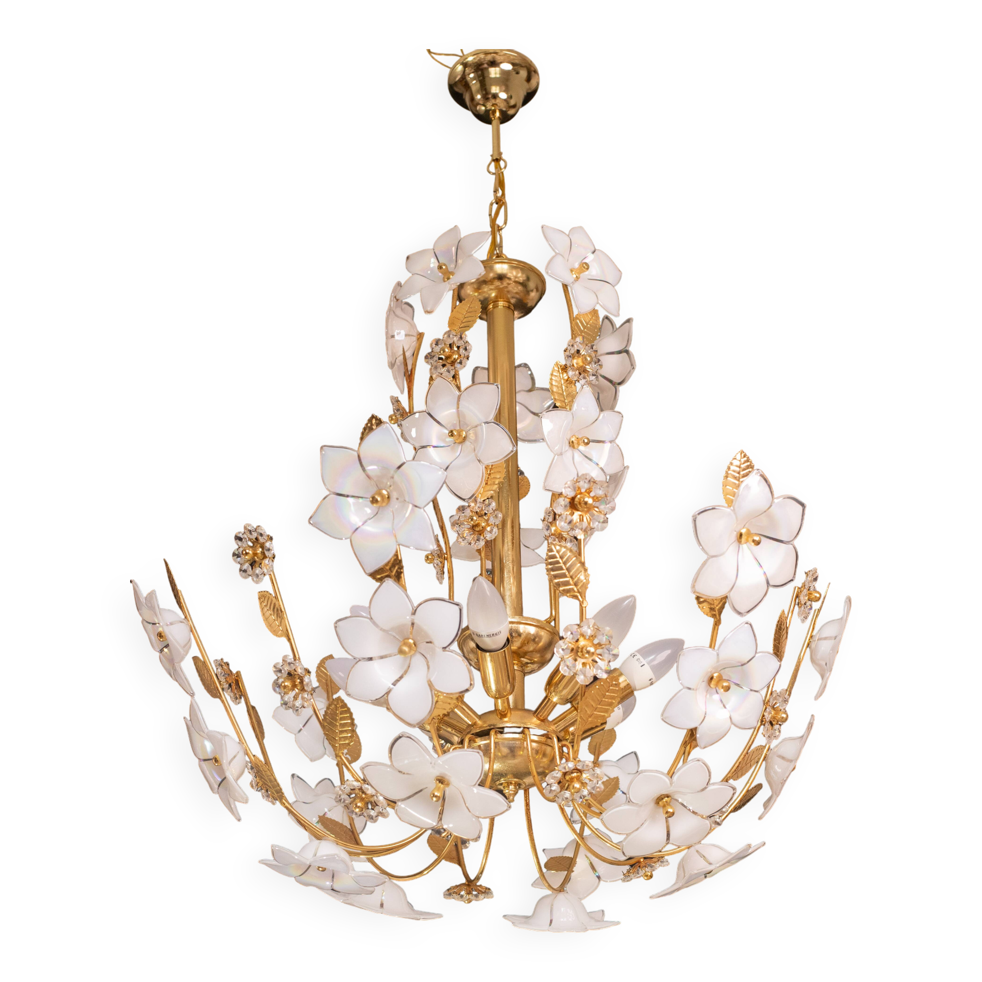 Large Size Vintage Murano Glass Chandelier White Flowers, 1970