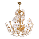 Large Size Vintage Murano Glass Chandelier White Flowers, 1970