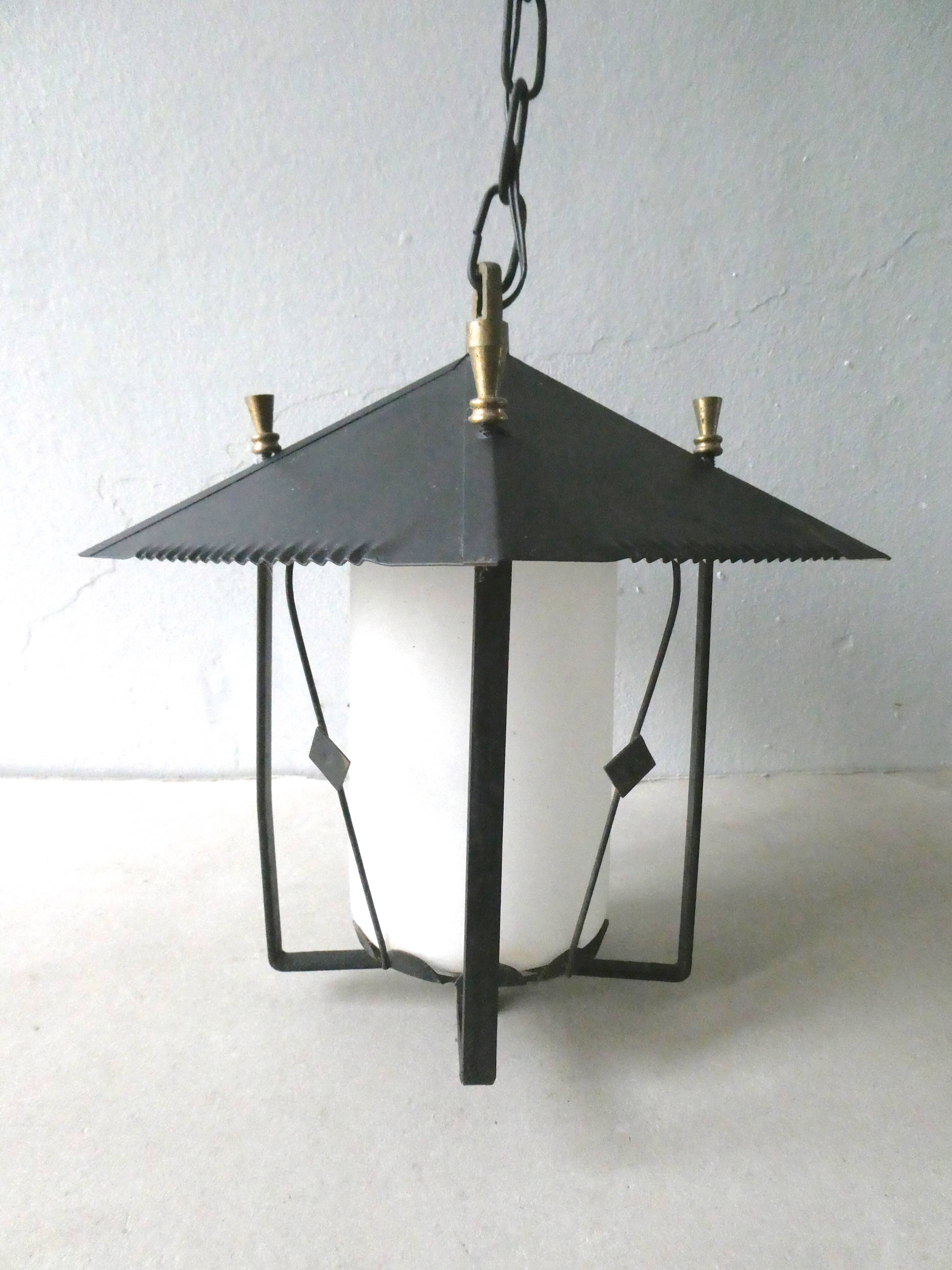 Lantern suspension in black metal and opaline of the 50s