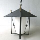 Lantern suspension in black metal and opaline of the 50s