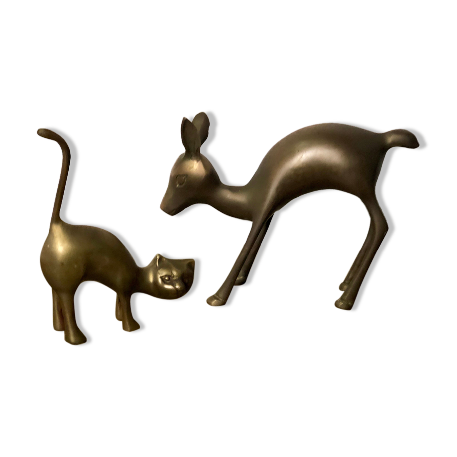 Animaux "le chat et le chevreuil" en laiton doré vintage 60
