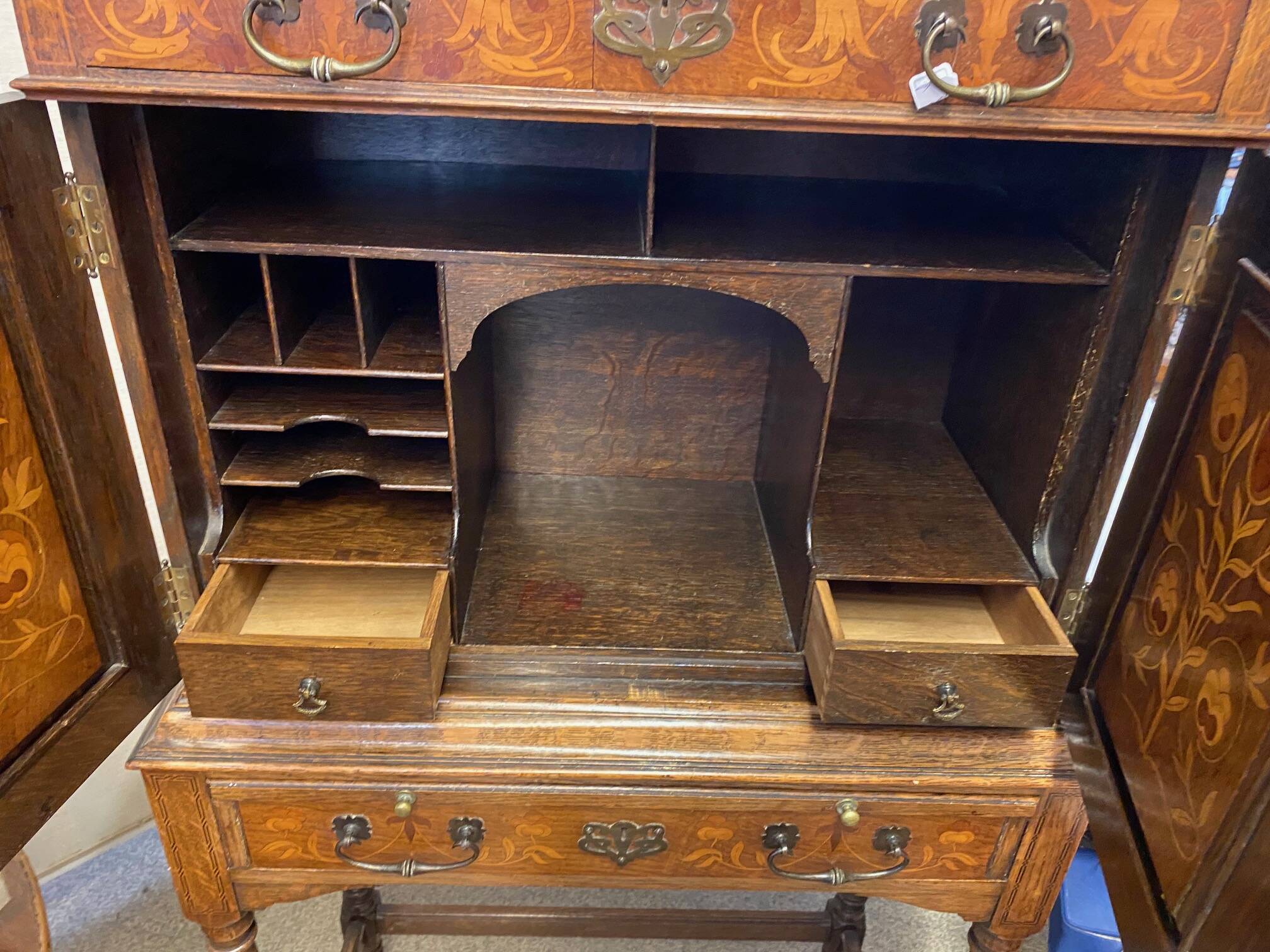 Lady bonheur du day secretary cabinet oak with marquetry and mother-of-pearl