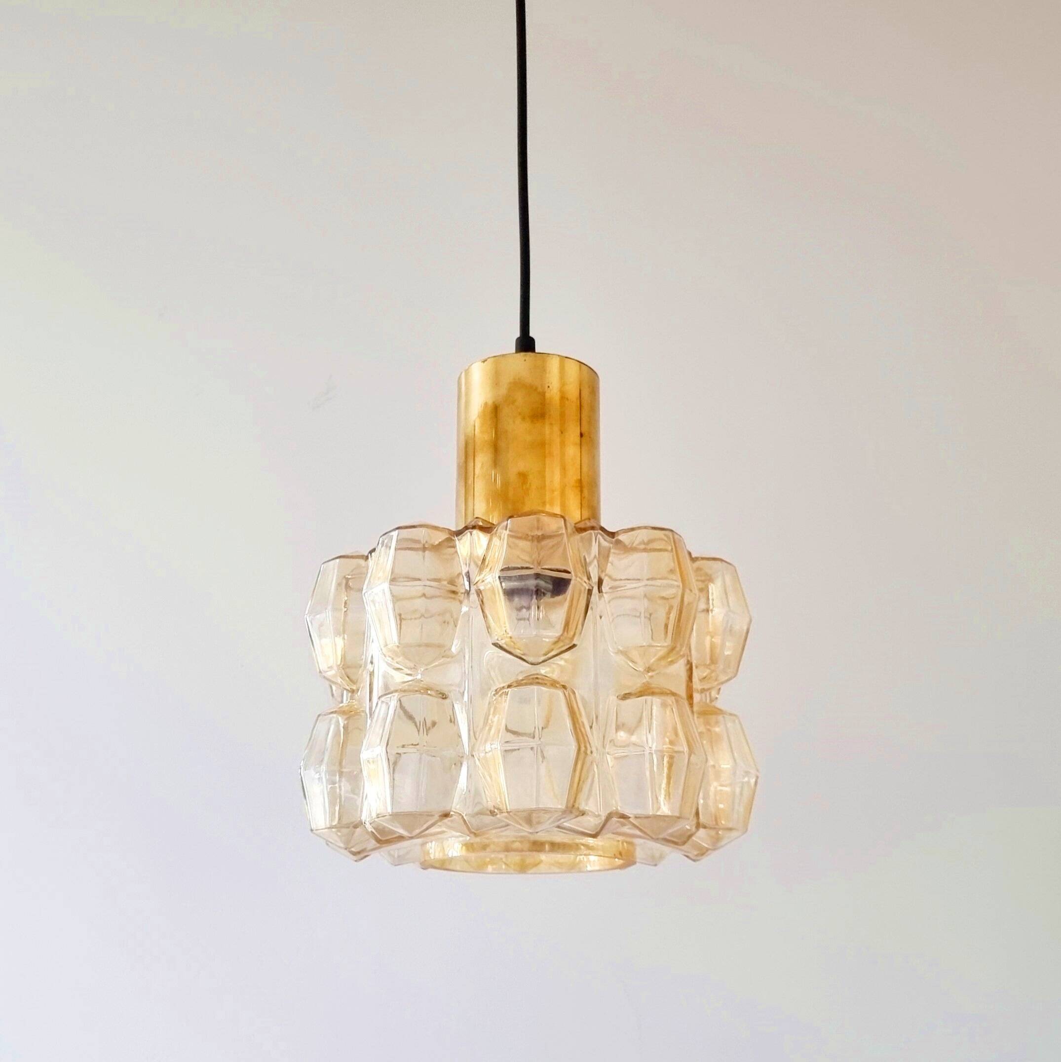 Large Amber Diamond Glass Ceiling Light/Pendant by Helena Tynell for Limburg, Germany, 1960s