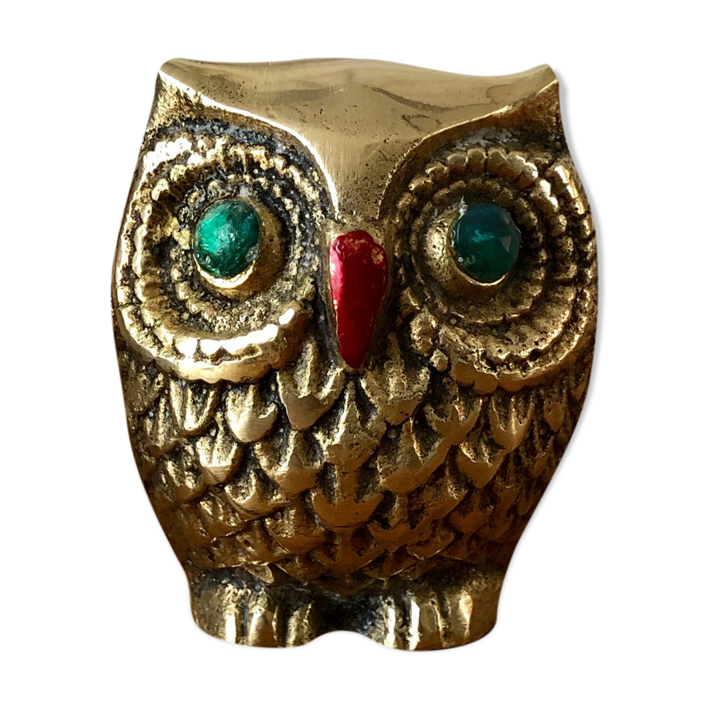 Owl vintage brass green eyes