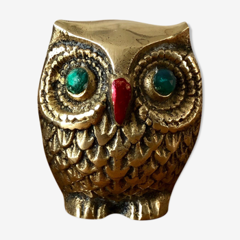 Owl vintage brass green eyes