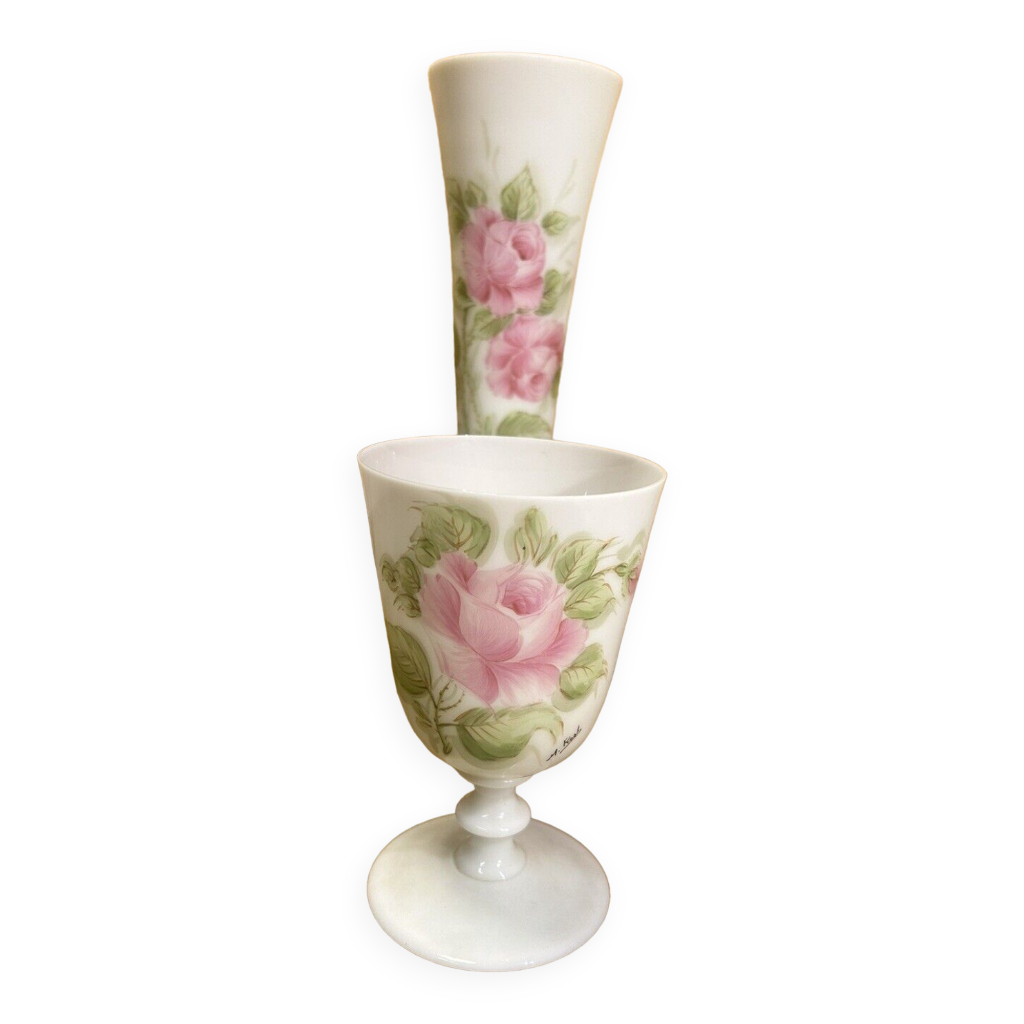 Vase and white eopaline glass set with painted floral decoration - Paris, vintage