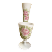 Ensemble vase et verre opaline blanche a décor floral peint - paris, vintage