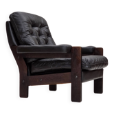 Fauteuil danois des années 1970, revêtement en cuir marron, bois de chêne.
