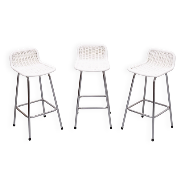 Ensemble de 3 tabourets de bar en rotin Rohe Noordwolde années 1960 Hollande