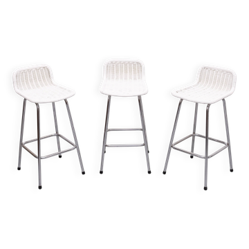 Ensemble de 3 tabourets de bar en rotin Rohe Noordwolde années 1960 Hollande