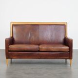 Sheepskin Leather Art Deco Design 2-Seater Sofa with Wooden Details