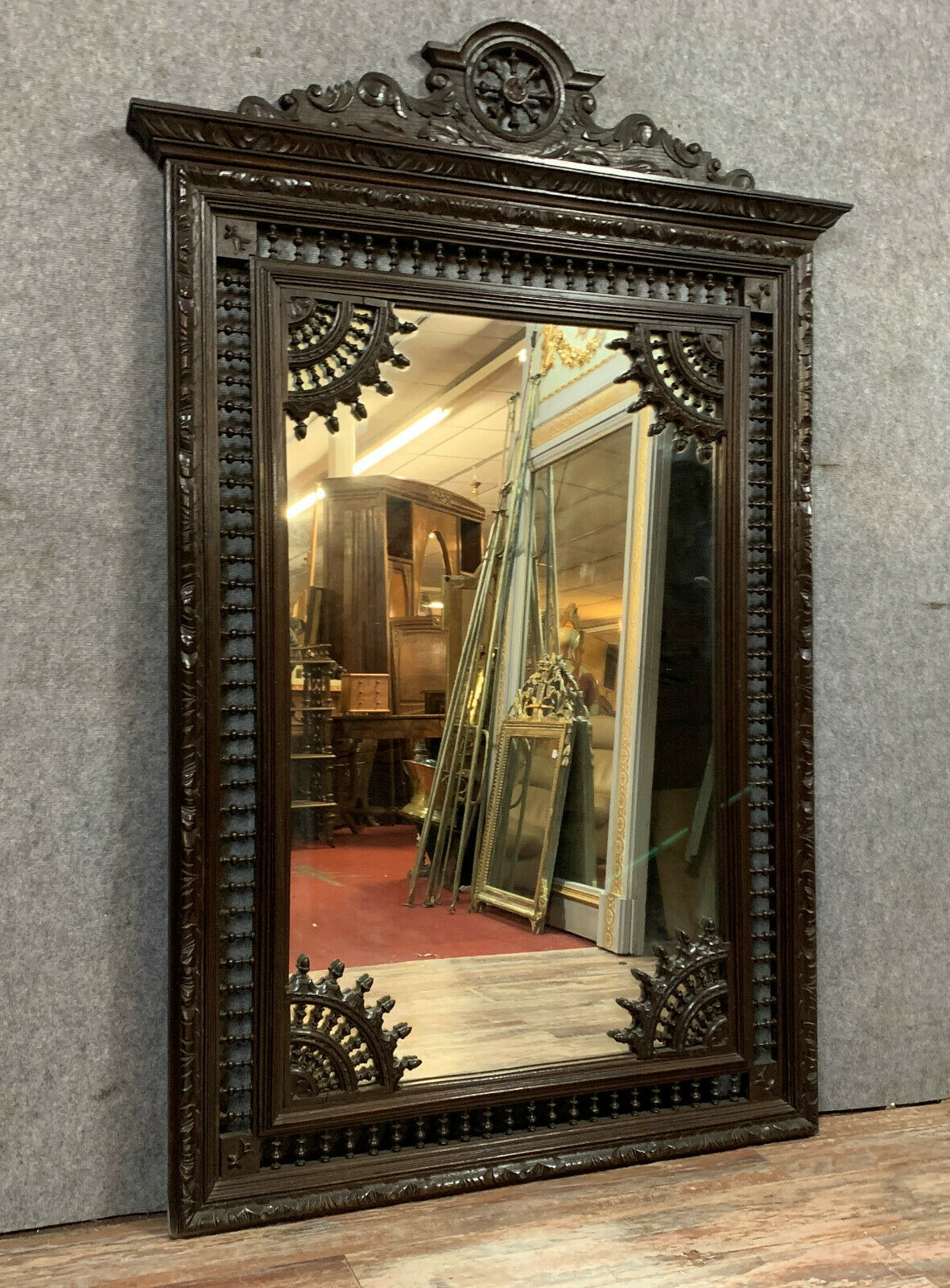 Breton Renaissance style mirror in solid oak with brown patina circa 1850