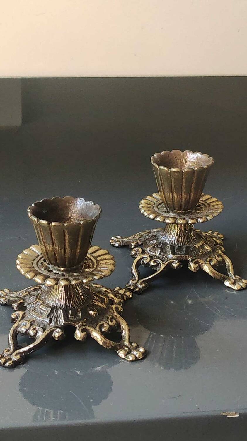 Pair of Jewish/Hebrew Flambeau Candlesticks. Signed Israel. In old gold patinated brass
