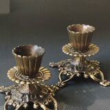Pair of Jewish/Hebrew Flambeau Candlesticks. Signed Israel. In old gold patinated brass