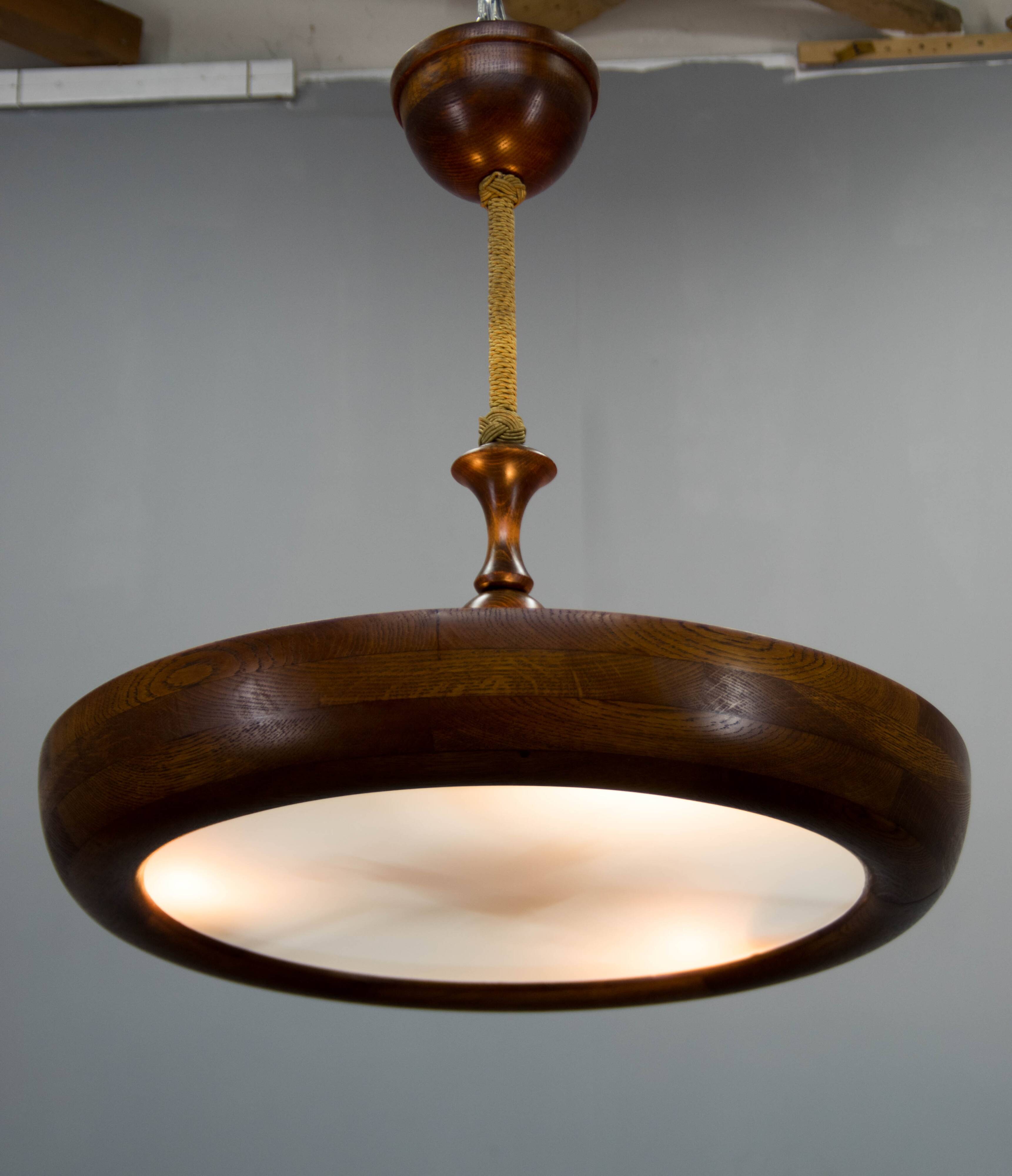 Large wooden art deco ufo chandelier, 1930s