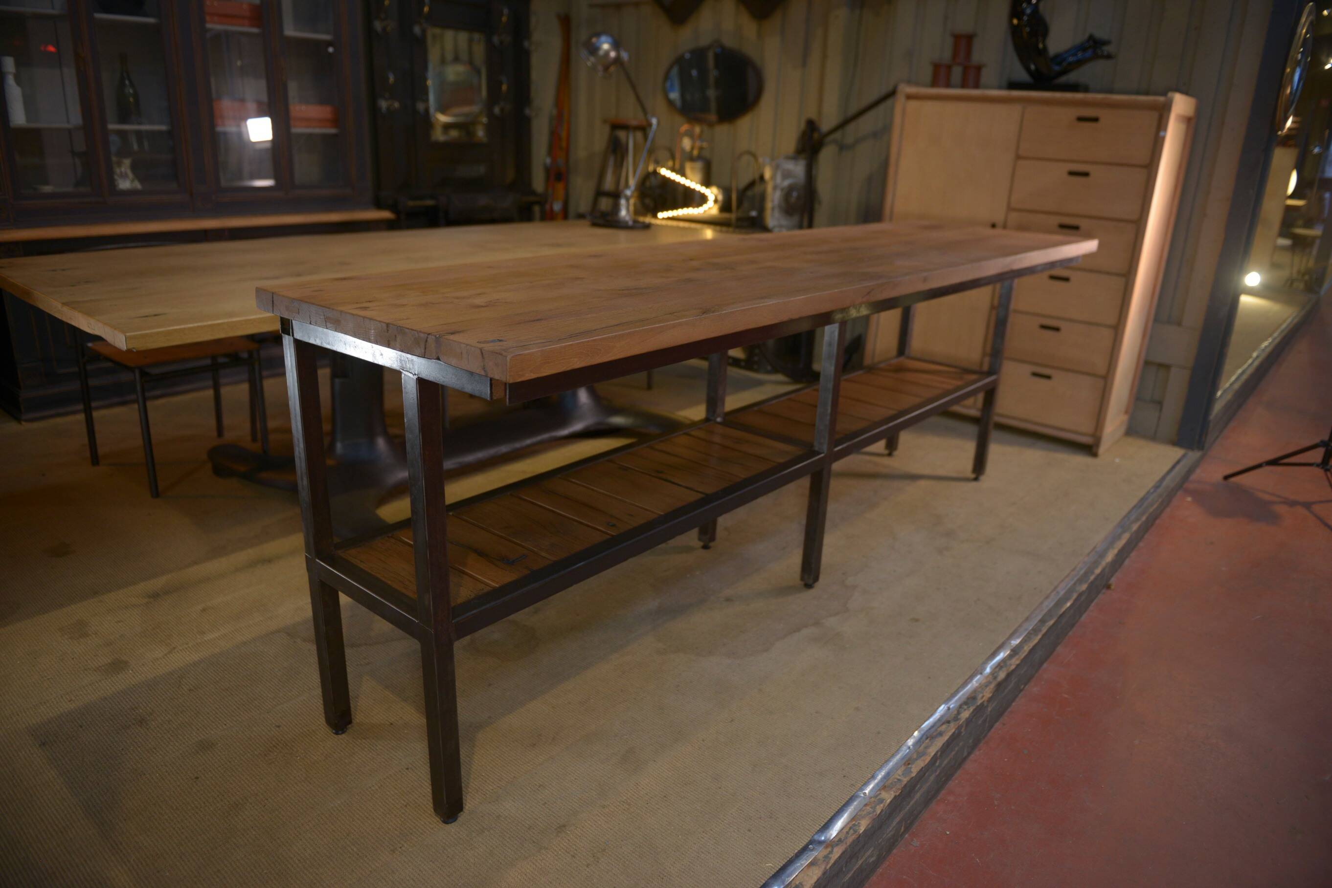 Large industrial metal console, 2 solid oak shelves