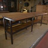 Large industrial metal console, 2 solid oak shelves