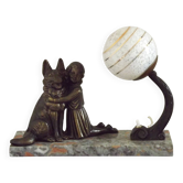 French Art Deco Table Lamp – Kneeling Girl with Dog & Clichy Glass Shade