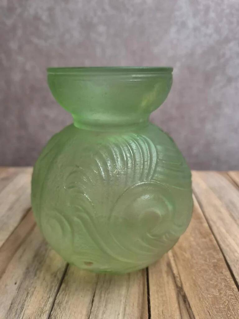 Small Art Deco round vase in moulded green pressed glass – relief decoration