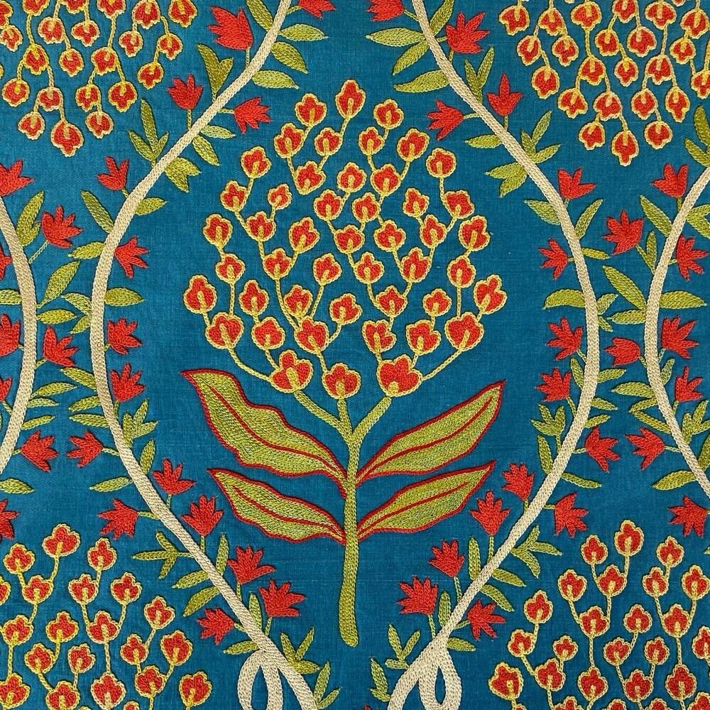 Silk Embroidered Floral Cushion Cover. Blue Throw Pillow Case. Traditional Uzbek Accent Pillow.