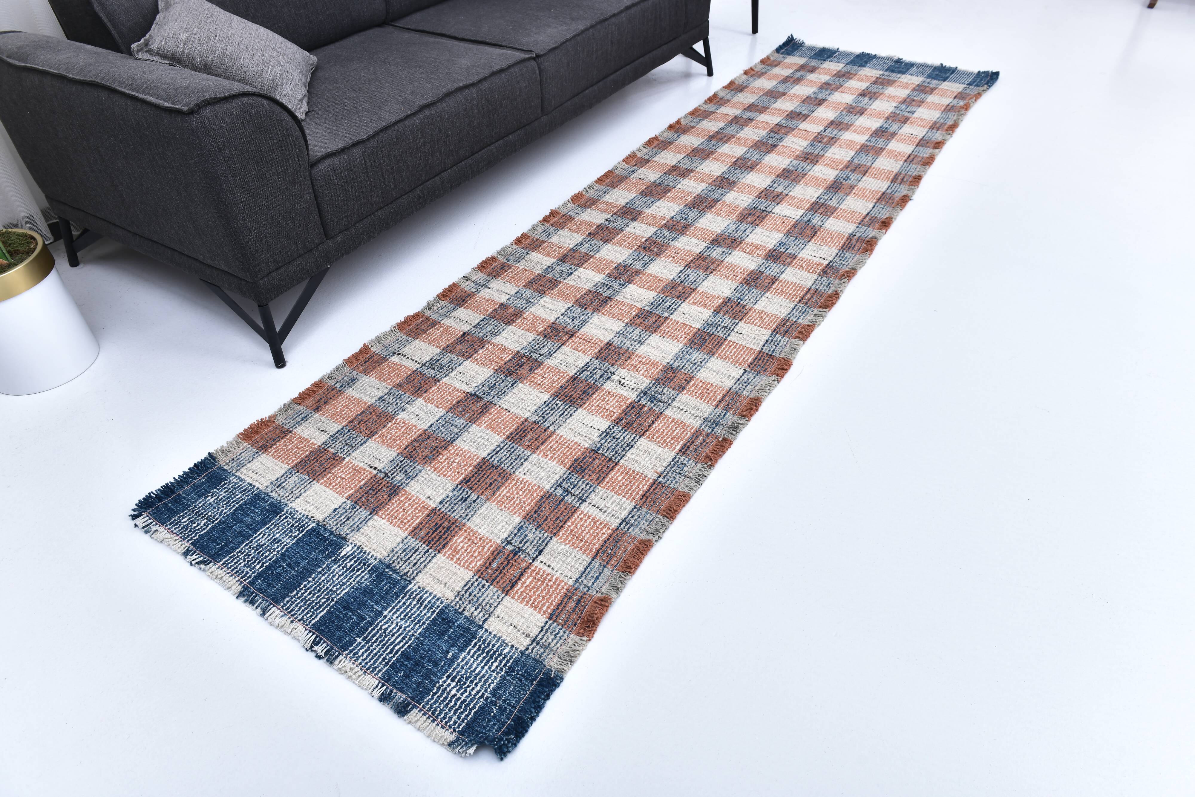 85x325 cm Runner Rug, Blue Terracota Hand made Rug, Made With Wool.