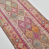 Tapis couloir kilim vintage, Tons pastel rose, bleu et beige, 94x409