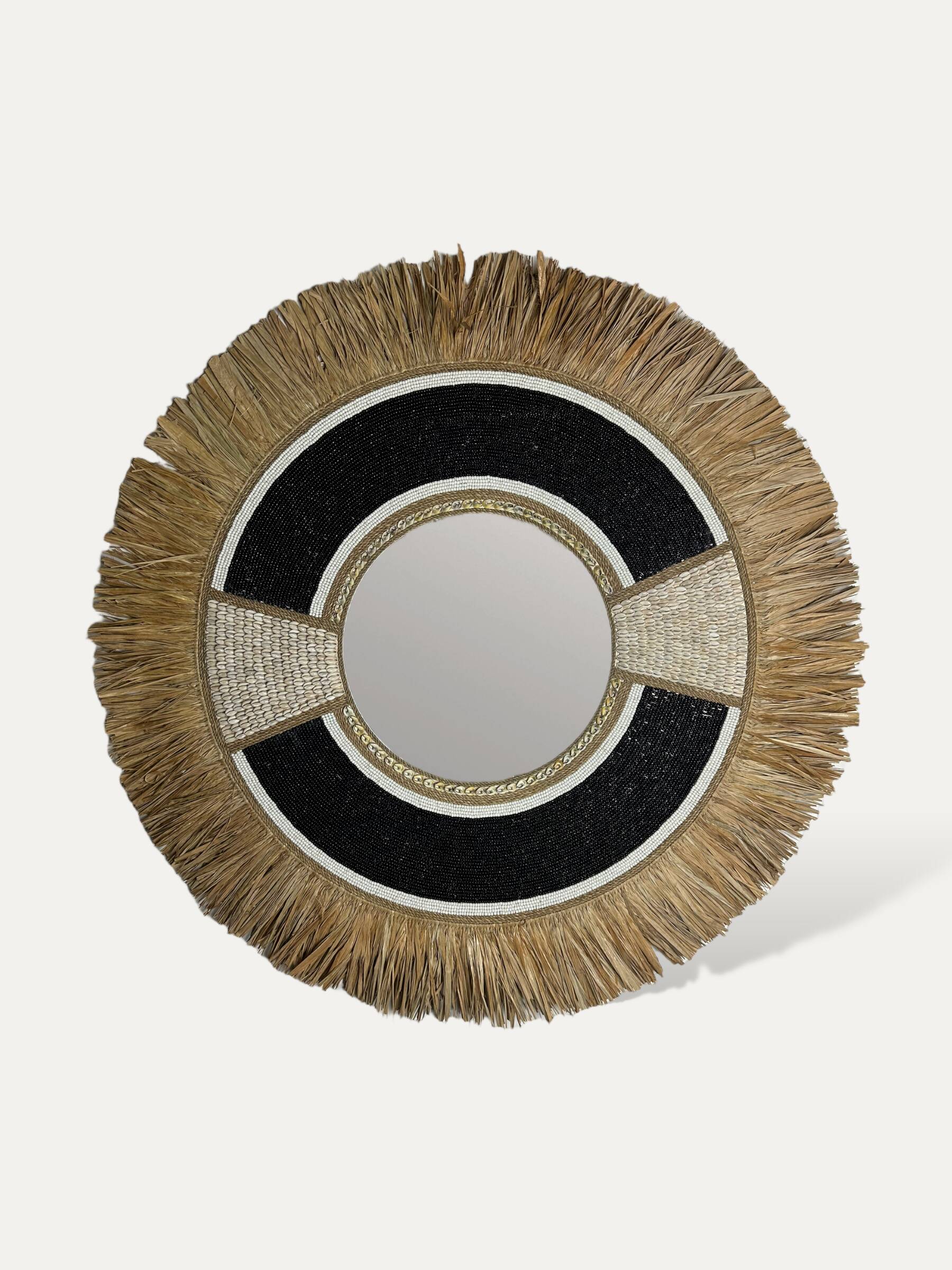 Miroir noir en raphia & plume