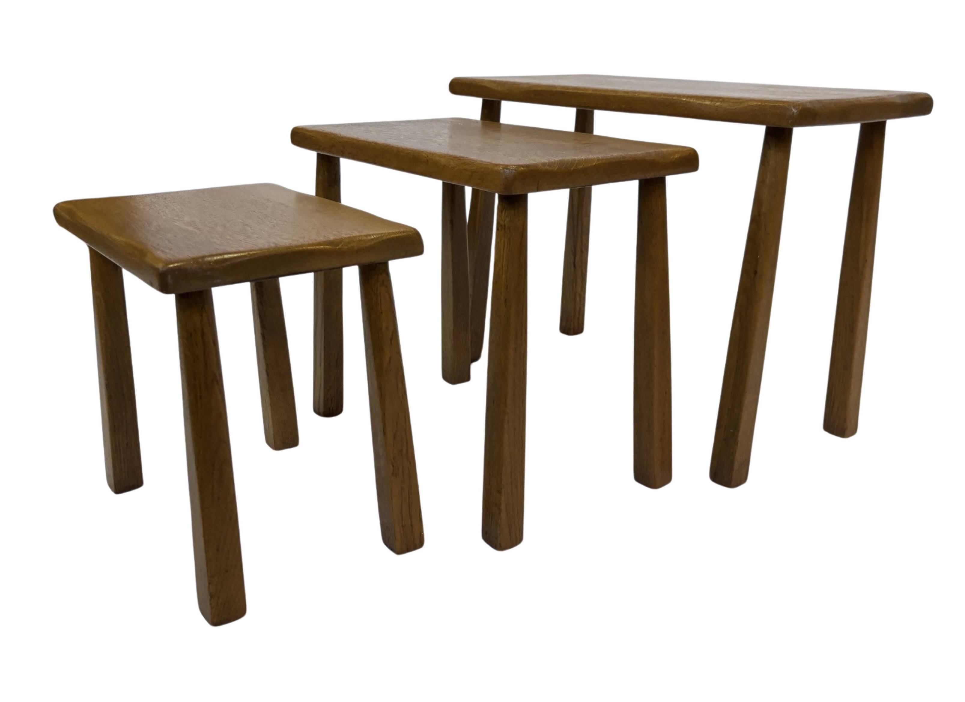 Vintage Set of 3 brutalist oak side or nesting tables 1970s