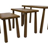 Vintage Set of 3 brutalist oak side or nesting tables 1970s