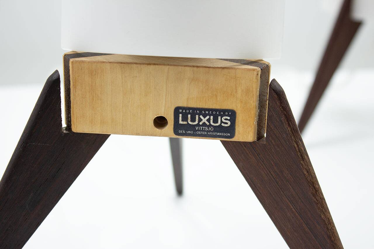 Pair of dark wood & acrylic rocket table lamps by Luxus, Sweden, 1960s