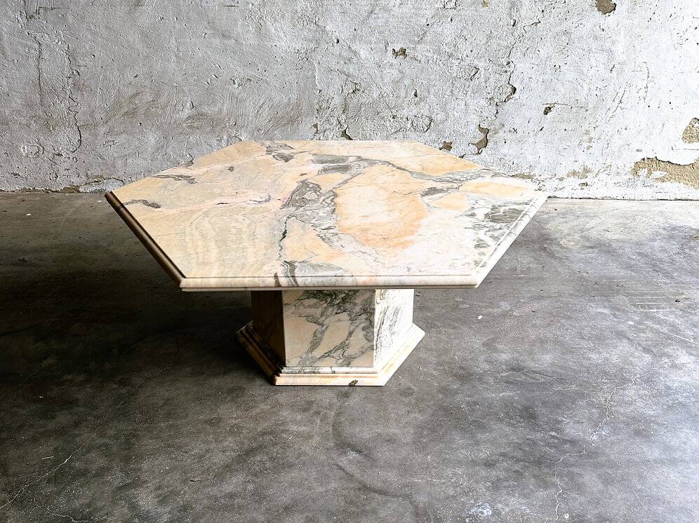 Vintage hexagonal pink and grey marble coffee table, 1980s