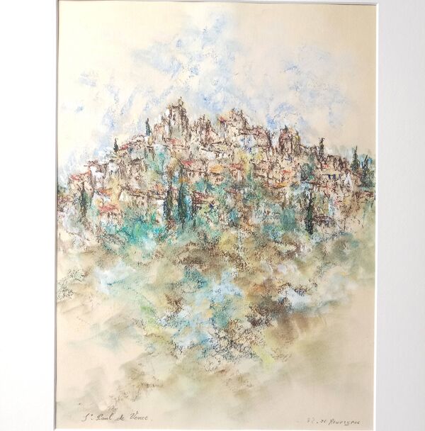 Saint Paul De Vence Pastel original signé 1982 Cadre