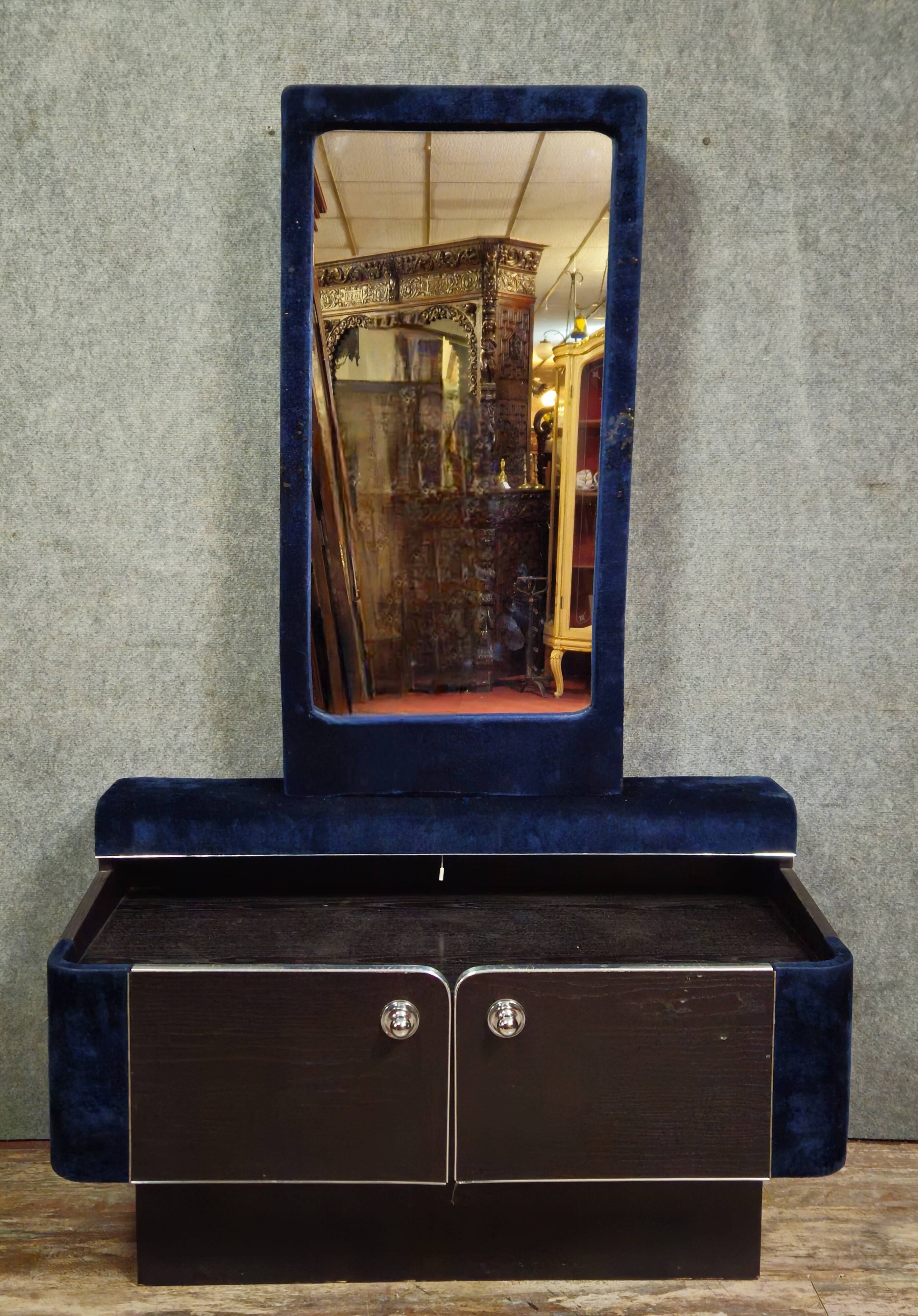 Dressing table / Art Deco furniture with mirror – Blue velvet – 1930s/40s