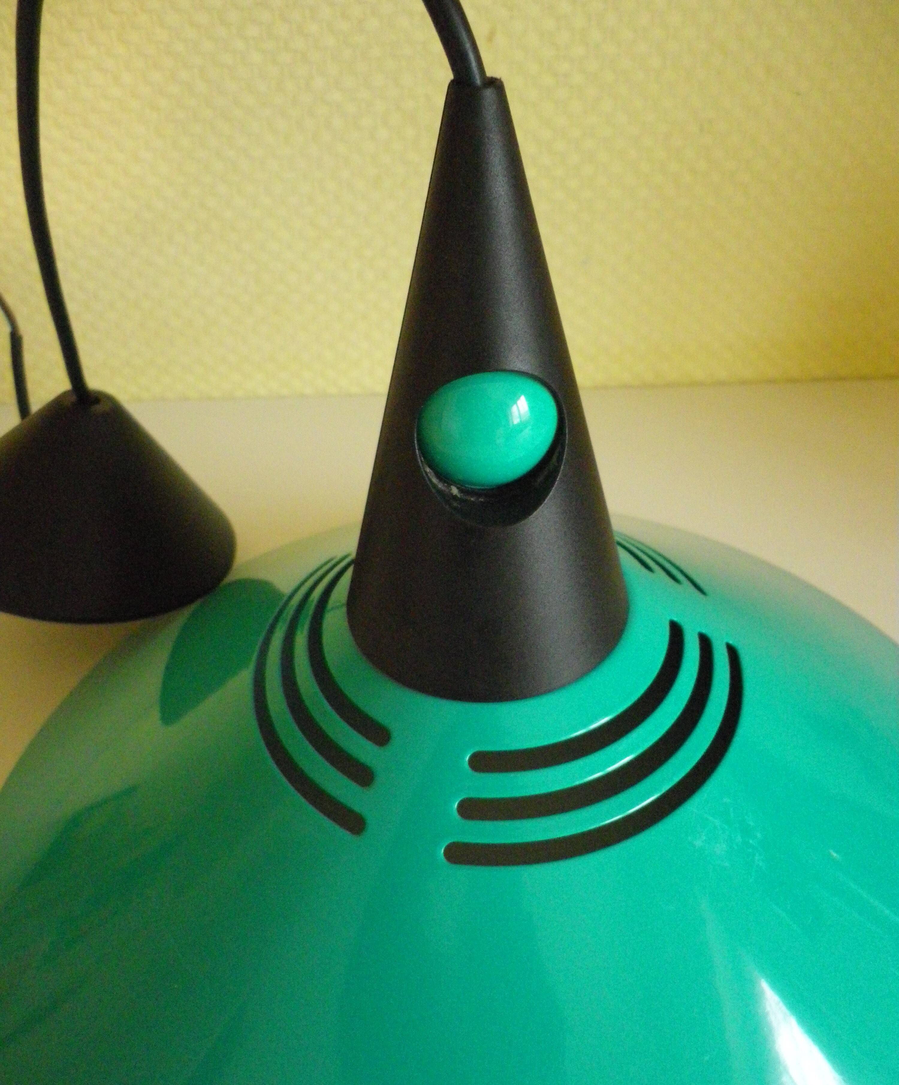 Emerald blue metal pendant light, Memphis style, space age -1980-
