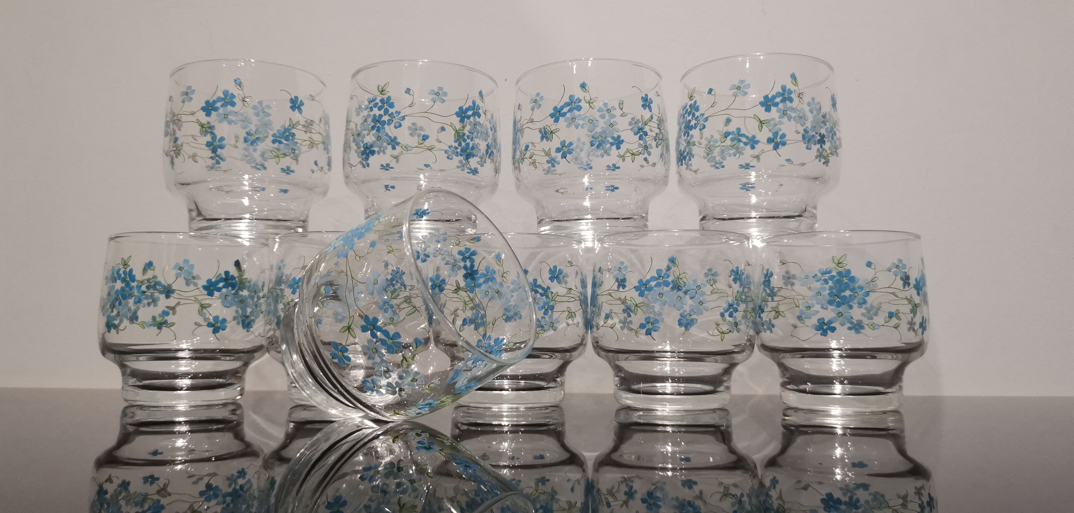 Set of 10 water glasses Veronica Luminarc Arcoroc decoration small blue flowers 80's