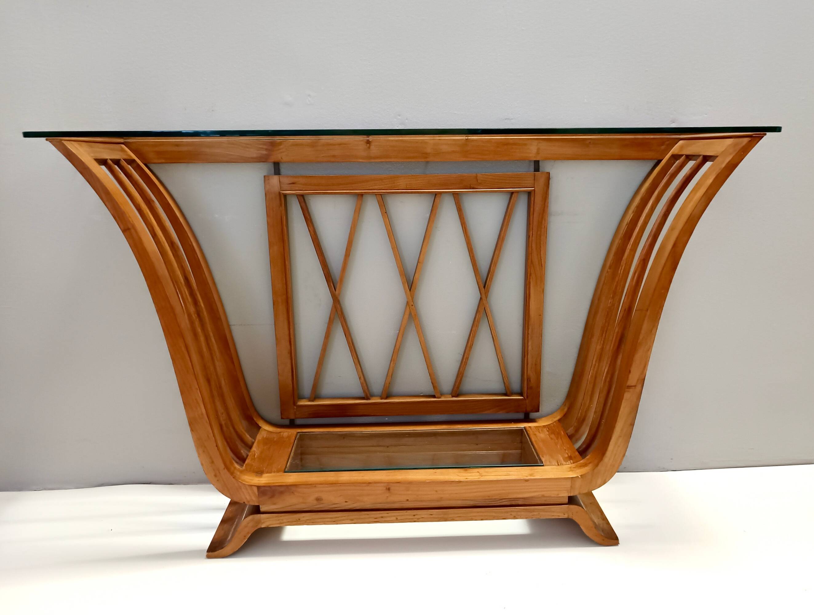 Art Deco Cherrywood Console Table with a Rectangular Glass Top, Italy