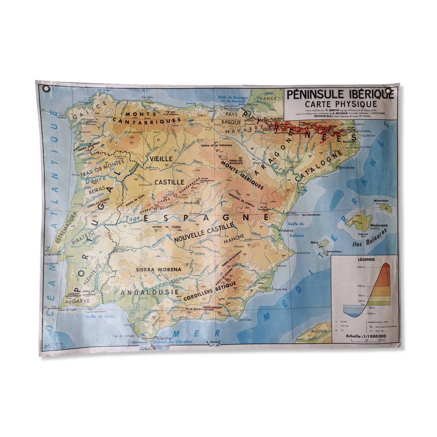 MDI Pedagogical Map, 1966, physical map of the Iberian Peninsula