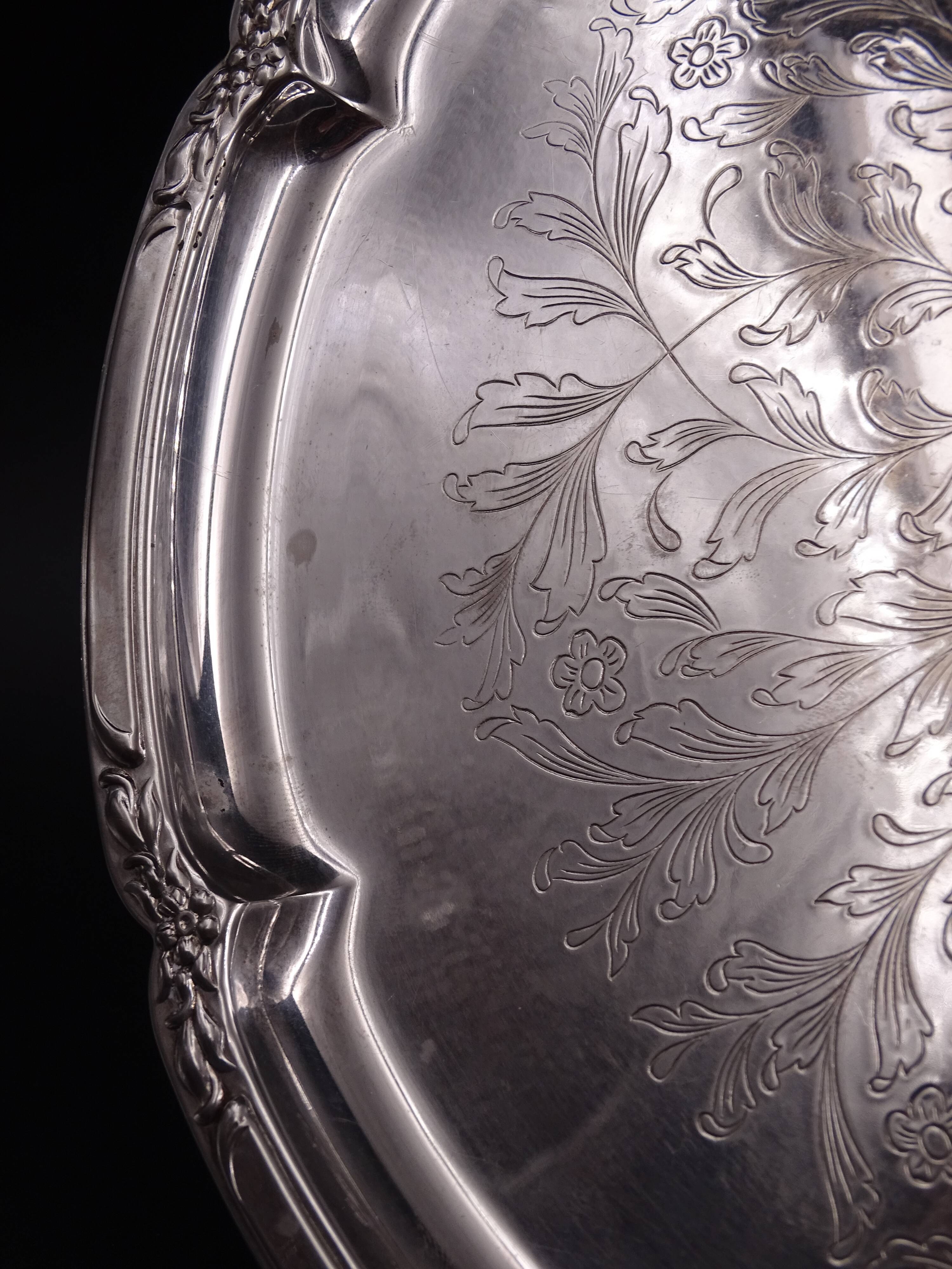 Silver metal tray with a flower decoration - circa 1950