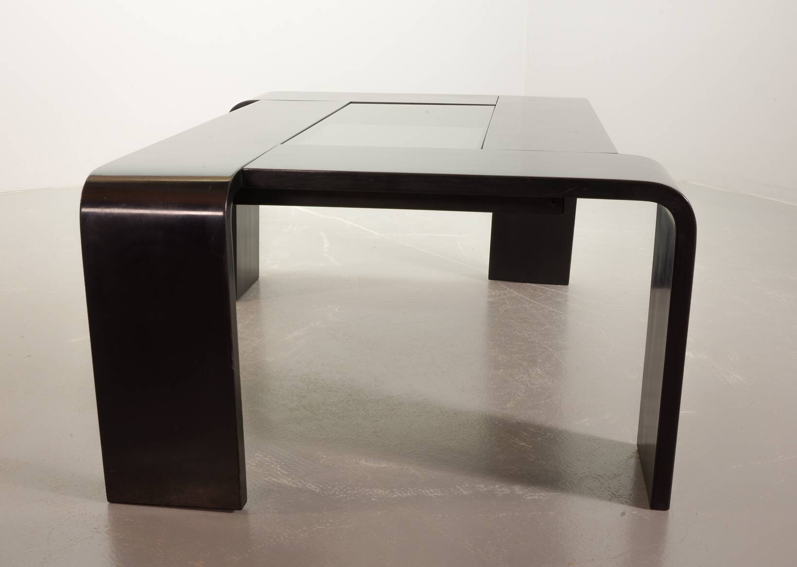 Rectangle Black Lacquered Plywood Coffee Table with Smoked Glass Panel 70s